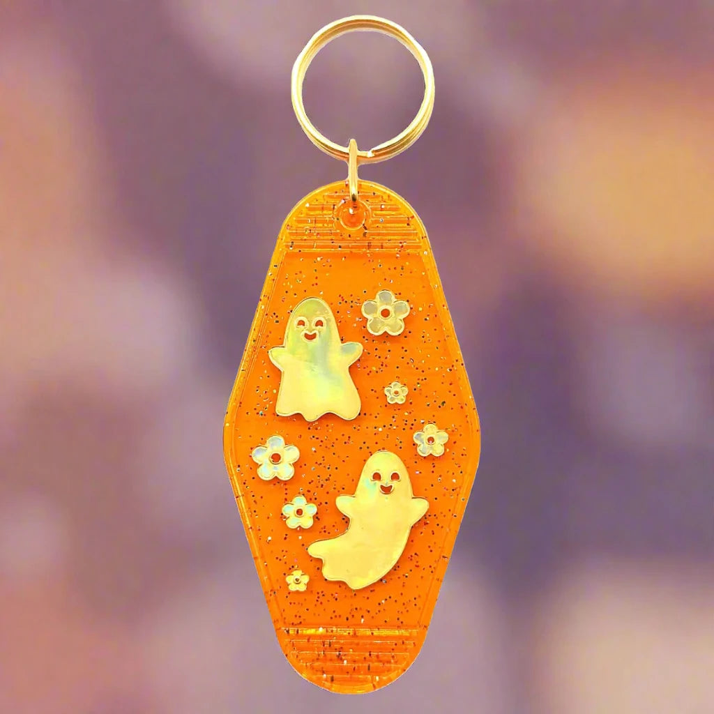 Glitter Ghost Halloween Motel Tag Keychain w Cute Flowers