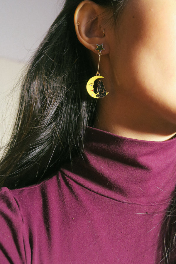 The Cat and Her Moon Enamel Earrings