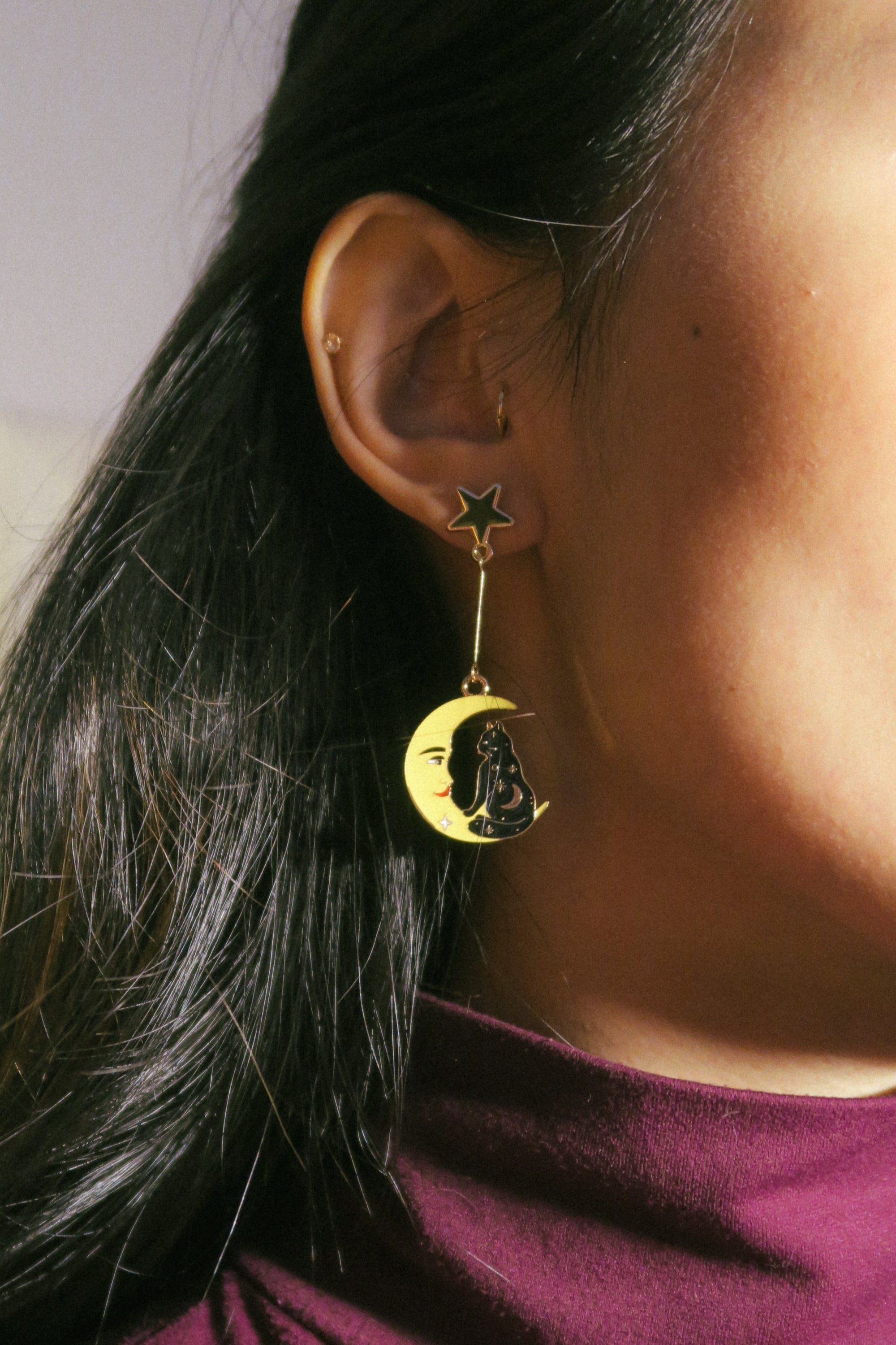 The Cat and Her Moon Enamel Earrings